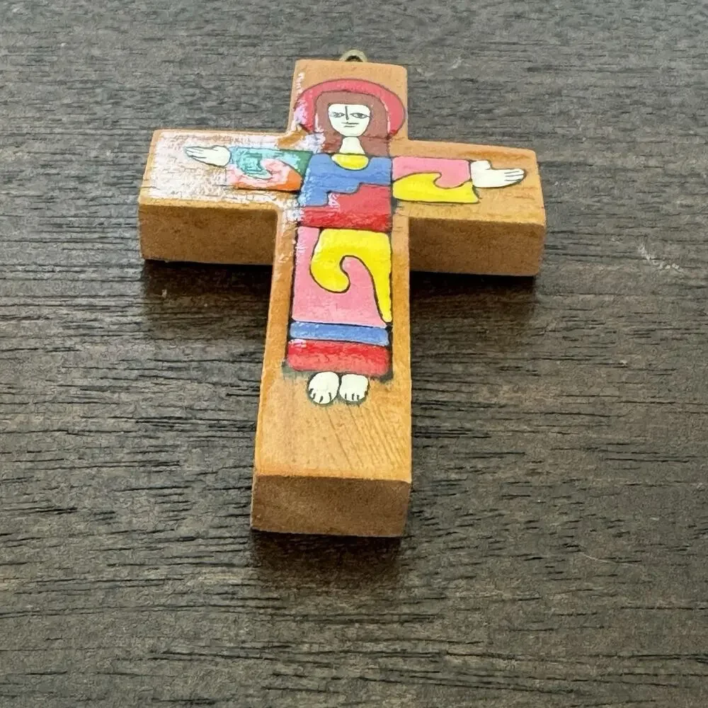 Cross with Christ El Salvador Vtg Crucifix Handmade Colorful Jesus Religious